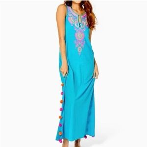 Lilly Pulitzer Nolia Cover Up Turquoise Oasis Vibrant Blue Maxi Dress Embroidery